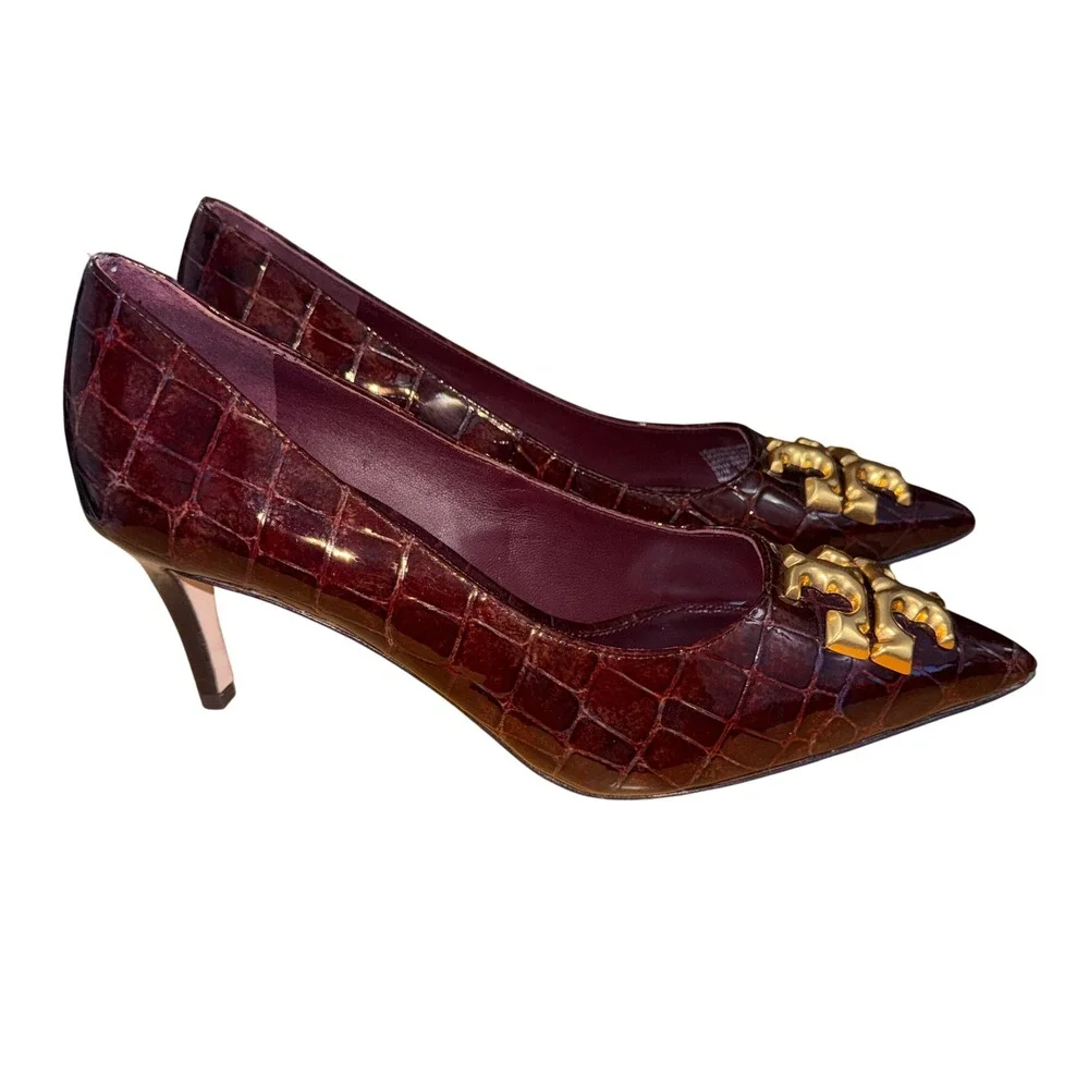 Tory Burch Eleanor Womens 6.5M Pre-Owned Heels Burgundy Croc Embossed Gold Logo